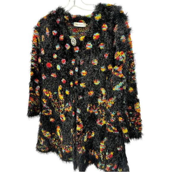 Simply Couture Long Swing Bottom Feather Like Cardigan Black Multicolored Sz S - Picture 9 of 14